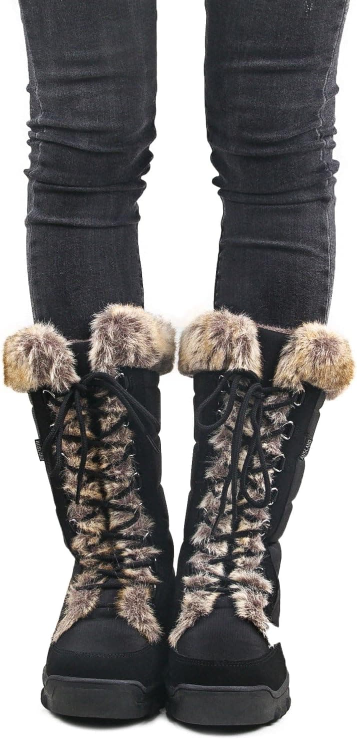 AUSLAND Women's Black Winter Snow Boots Twin Peaks Fur Cuff Mid-Calf Waterproof Lace Up Boots
