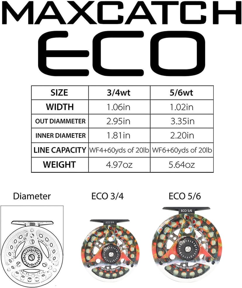 M MAXIMUMCATCH Maxcatch ECO Large Arbor Fly Fishing Reel (3/4wt 5/6wt 7/8wt) and Pre-Loaded Fly Reel with Line Combo