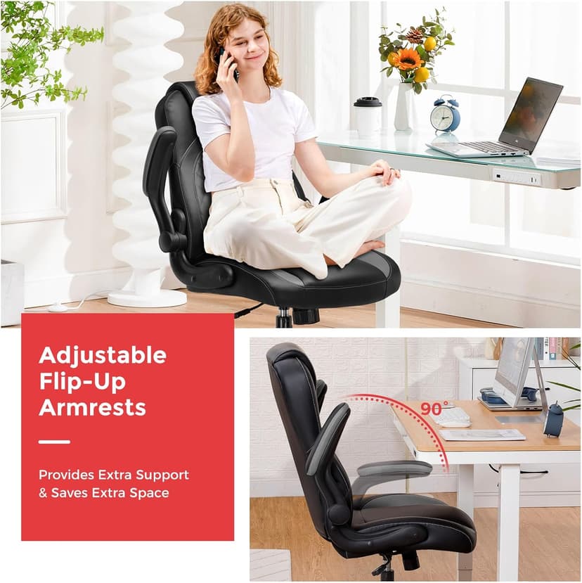 COMHOMA Office Computer Gaming Chair Ergonomic Desk Chair for Adults with Lumbar Support Flip-Up Arms Adjustable Height Swivel Wheels PU Leather Executive Design for Short People Use, Gray