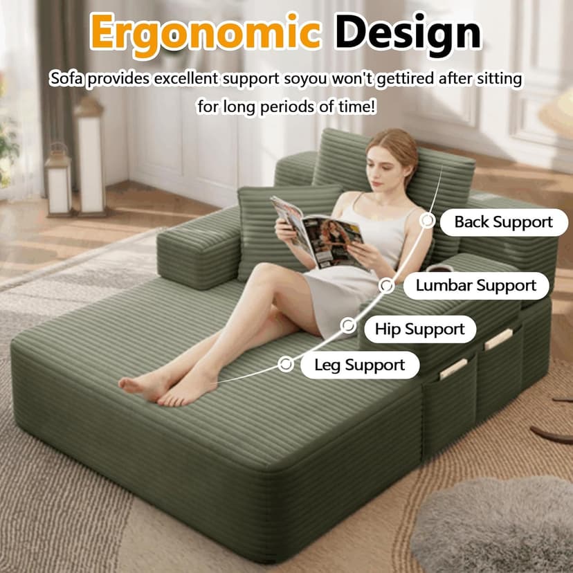 HRVEOCEI 60 Inch Oversized Chaise Lounge Chair Indoor, Corduroy Boneless Chaise with Armrests & Backrest /2 Pockets /3 Pillows, Lounge Sofa Bed for Adults Living Room (Green)