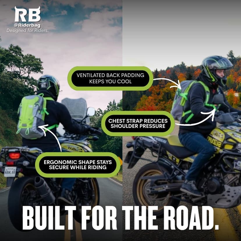 Reflective Motorcycle Backpack – Hi Viz EDC Commuter Bag for Riders, Night Travel, and Daily Use with Helmet Holder, Laptop Compartment, Ventilated Back, Urban Gear (green backpack)