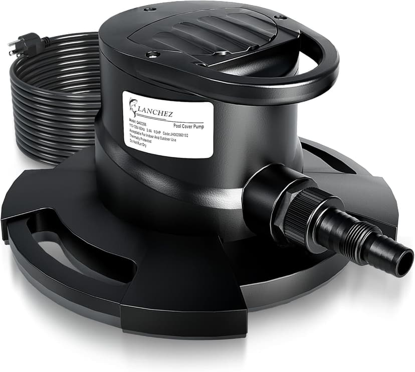 LANCHEZ 1/2HP Automatic Pool Cover Pump, 2250GPH Submersible Water Sump Pump with Check Valve & 3 Adapters, 25ft Power Cord, Removal for Swimming Pool, Hot Tubs, Rooftops and more,Black