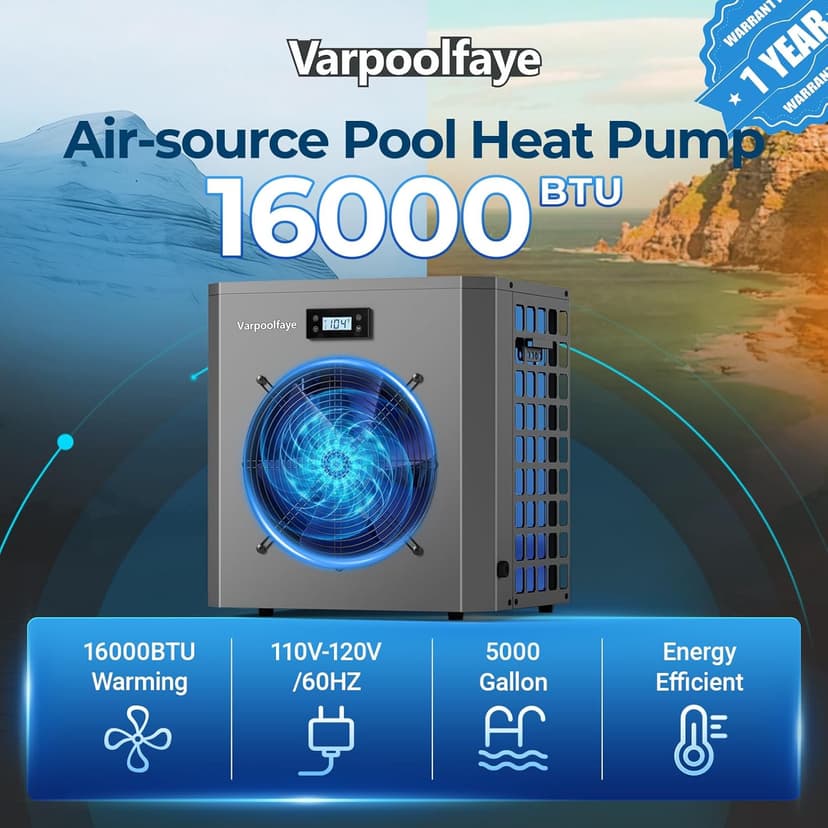 16000 BTU Swimming Pool Heat Pump 5000 Gallon Electric Pool Heater for Above Ground Pool 5KW Heating or Cooling WiFi Control Timer Pool Heater 120V 60Hz