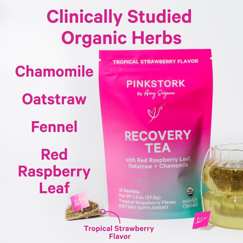 Pink Stork Postpartum Recovery Herbal Tea, Organic Red Raspberry Leaf with Chamomile, Hormone Balance for Women After Labor and Delivery, Strawberry Passion, Hot or Iced, Caffeine-Free, 15 Sachets