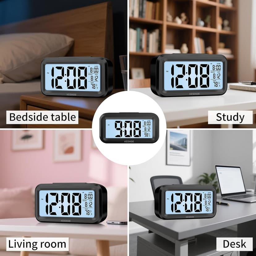 KESHIDE Digital Alarm Clock Battery Operated with Indoor Temperature, Desk Small Clock,Snooze Model,12/24H Display for Bedrooms Heavy Sleepers Kids Travel Bathroom (Black)