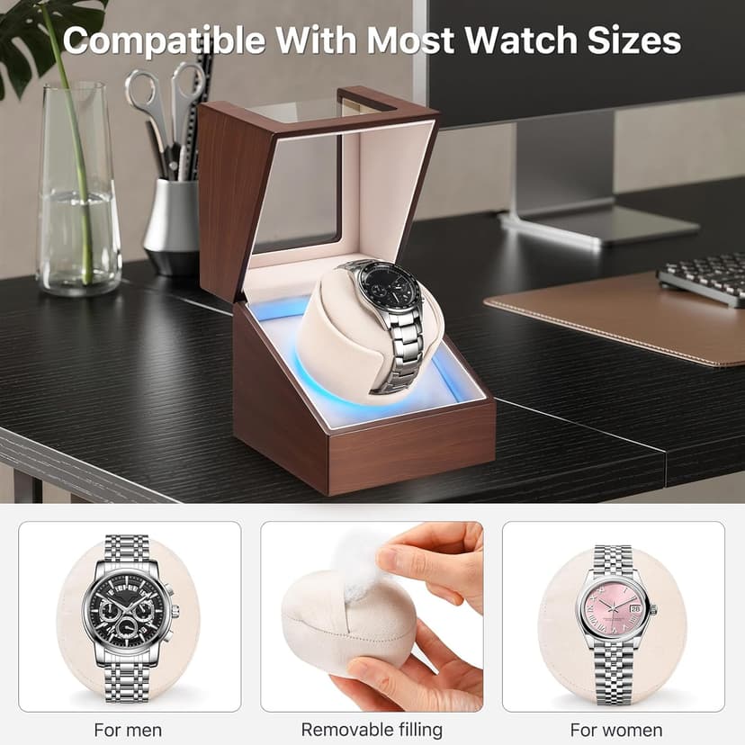 BEKESIN Watch Winder for Automatic Watches, Ultra Quiet Japanese Motor (<5 db), Premium Self Winding Rotating Wooden Watch Case with Soft Blue Ambient Light, Gifts for Him/Her/Dad