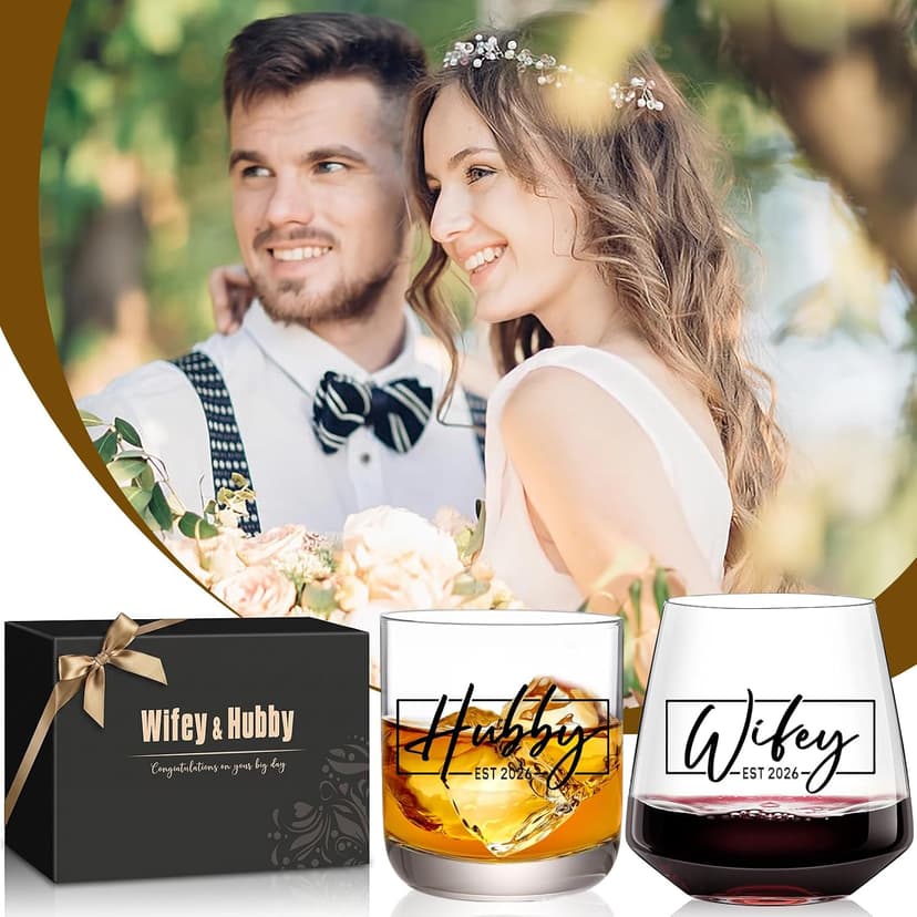 Christmas Gifts for Couples 2025,Wedding Gift, Wifey and Hubby Glasses Set,Bridal Shower Gifts for Bride and Groom, Newly-Married Anniversary for Him and Her，Mr and Mrs Gift，His and Hers Glass