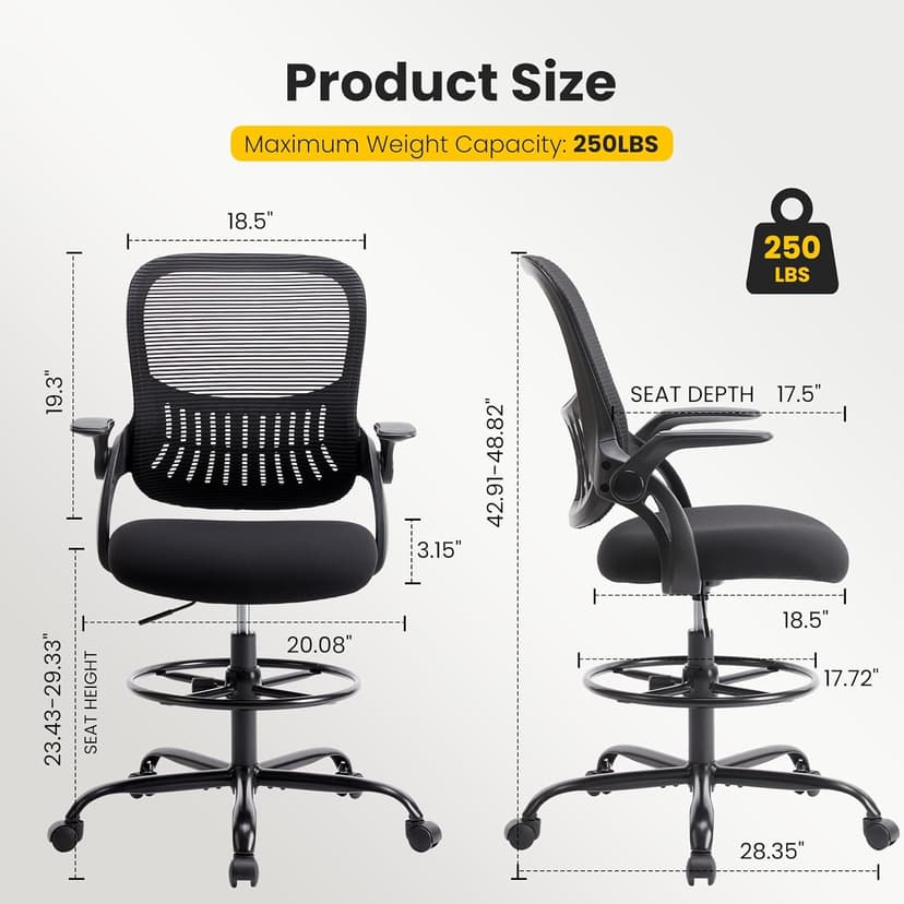 Sweetcrispy Tall Drafting Desk Chair - Ergonomic High Stool Computer with Adjustable Height and Comfy Lumbar Support, Office Rolling Counter with Flip-up Arm and Footrest, Black