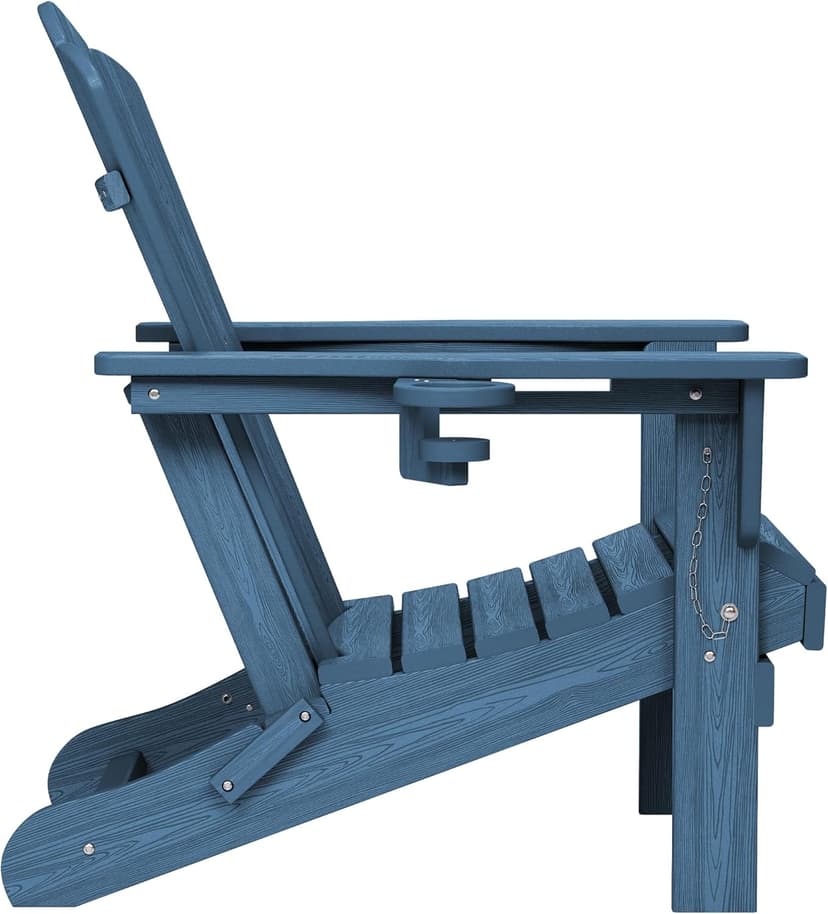 KINGYES Folding Adirondack Chair, HDPE All-Weather Patio Chairs with Cup Holder, Wooden Textured Fire Pit Chairs Recliner for Poolside, Backyard, Deck, Navy