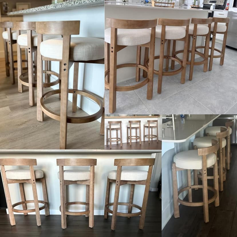LukeAlon Mid Century Linen Counter Stools Set of 3, Upholstered 26.5" Seat Height Low Barstools with Natural Wood Legs Round Low Back Kitchen Stools with Footrest for Dining Room, Beige