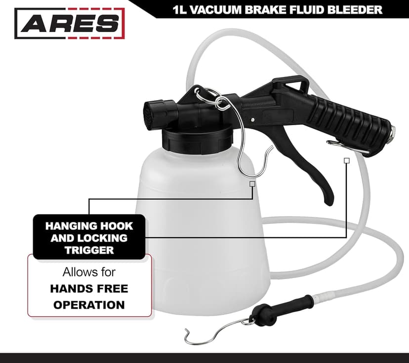 ARES 70923 - Vacuum Brake Fluid Bleeder - 1-Liter Vacuum Fluid Extractor - Hanging Hook and Locking Trigger Allows for Hands Free Operation
