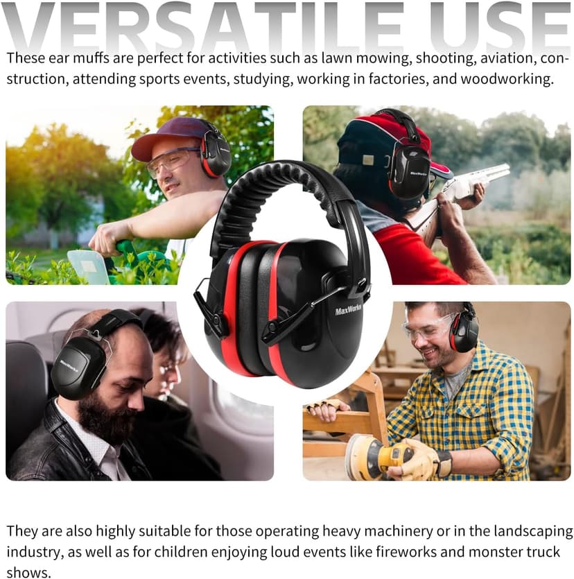 MaxWorks Noise Reduction Ear Muffs – NRR 26dB ANSI-Certified Hearing Protection, Adjustable & Foldable Design for Shooting, Mowing, Construction, and More