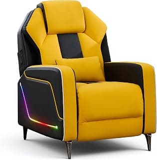 URRED Gaming Recliner Chair with LED Lights, Ergonomic Video Game Reclining Chair with Footrest, Lumbar Pillow, Side Pocket, Home Theater Recliner for Living Room, Bedroom, Gaming Room (Yellow)