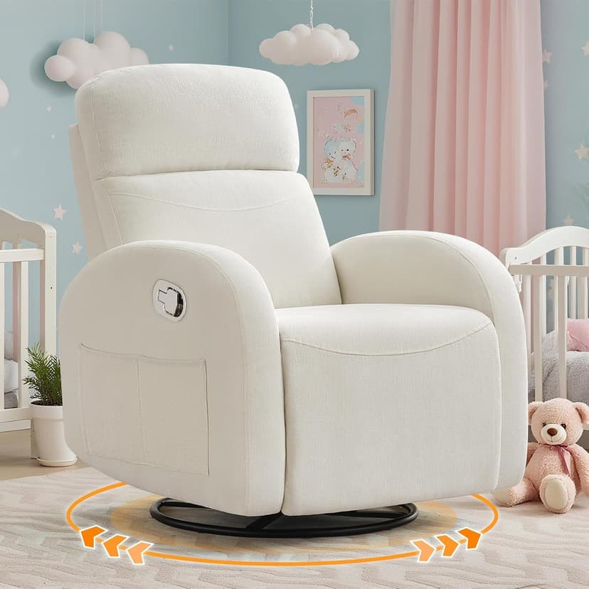 Rocking Recliner Nursery Chair, Swivel Recliner Glider for Nursery with 2 Pockets, Reclining Rocking Chair, Manual Recliners for Living Room, Bedroom, Cream White Chenille
