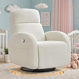 Rocking Recliner Nursery Chair, Swivel Recliner Glider for Nursery with 2 Pockets, Reclining Rocking Chair, Manual Recliners for Living Room, Bedroom, Cream White Chenille