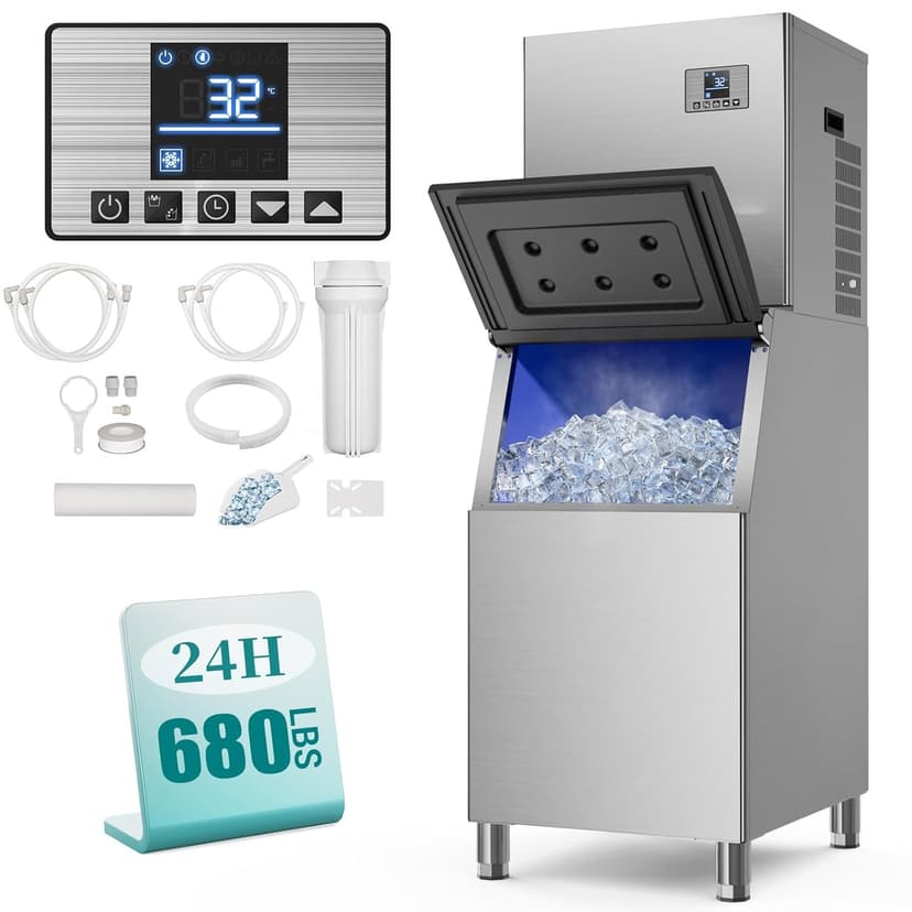 Commercial Ice Maker Machine 680Lbs/24H with 560LBS Storage Bin, Industrial Ice Machine, Self Cleaning, ETL Certified, Ice Ready in 5-15min, Perfect for Restaurant Bar Cafe,Silver