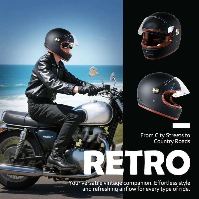 Retro Motorcycle Helmet for Adults?Vintage Full Face Helmet with Ventilation System, Waterproof Design for Motorcycle Riding
