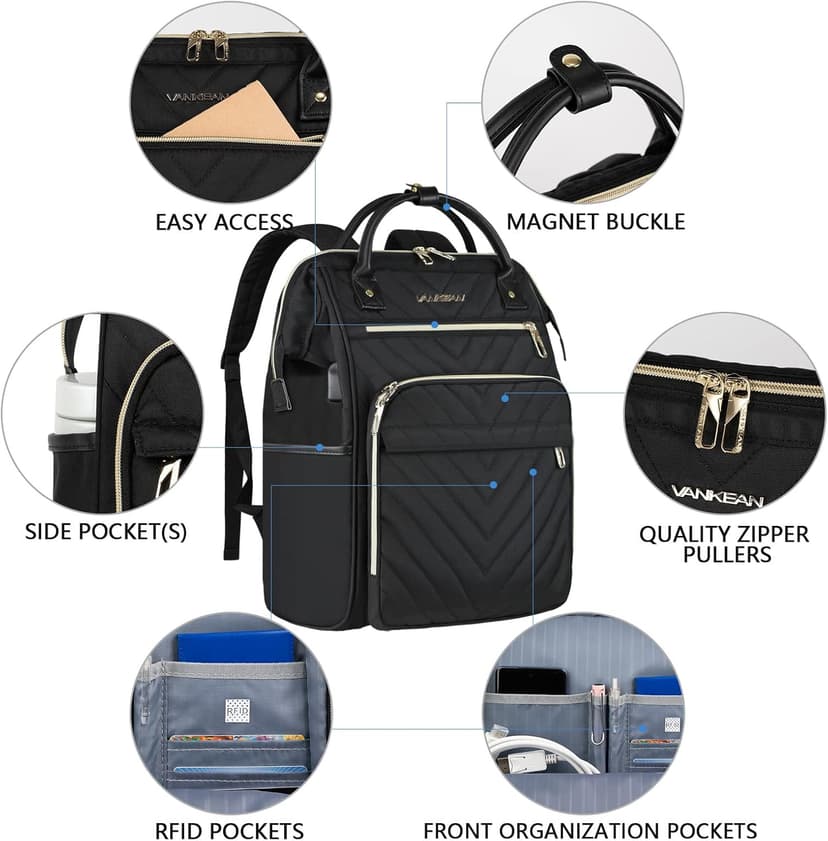 VANKEAN 17 Inch Laptop Backpack for Women Men Fashion Computer Work Bag, Large Capacity Waterproof Backpack with USB Port & RFID Pockets, College Daypack Business Travel, Black