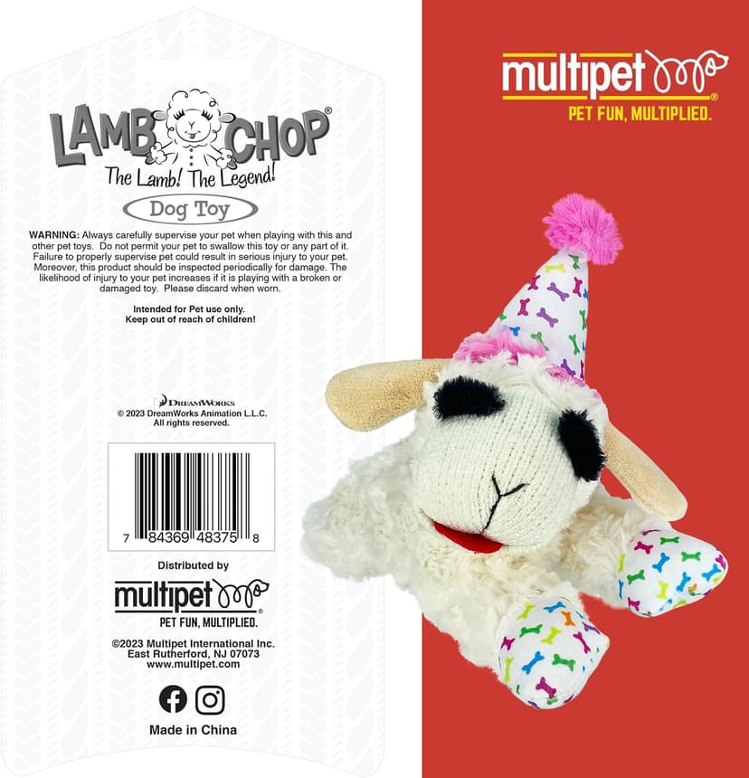 Soft Plush Dog Toy, Stuffed Animal Dog Toy For Playing, Cute Birthday Toy 10.5”, Pink Hat, 5 Squeakers Multipet Lamb Chop Dog Plush Toy with Birthday Hat - Squeaky Dog Toy B0BKH23JXC