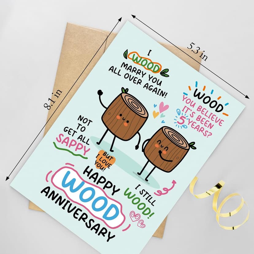 Funny 5th Anniversary Card for Him Her, Pun Wood Anniversary Card for Husband Wife, 5 Years Married Cards Gift