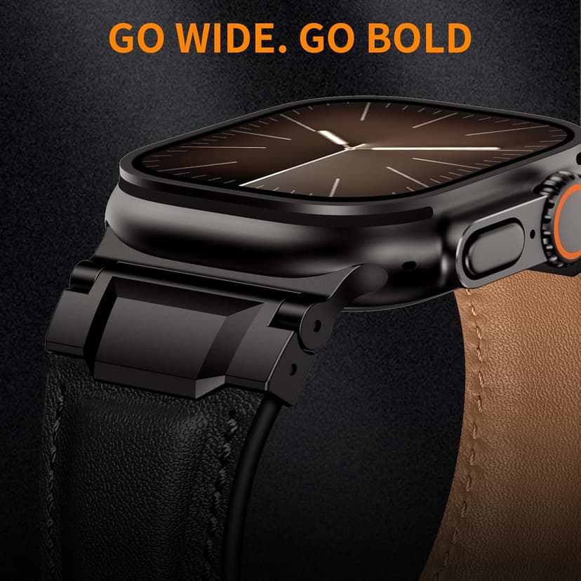 LOIRNBR Leather Bands Compatible with Apple Watch Ultra 3/2/1 Band 49mm 46mm 45mm 44mm 42mm Men, Genuine Leather Metal Connector Strap for iWatch Ultra Series 11/10/9/8/7/SE/6/5/4/3/2/1, Black/Black