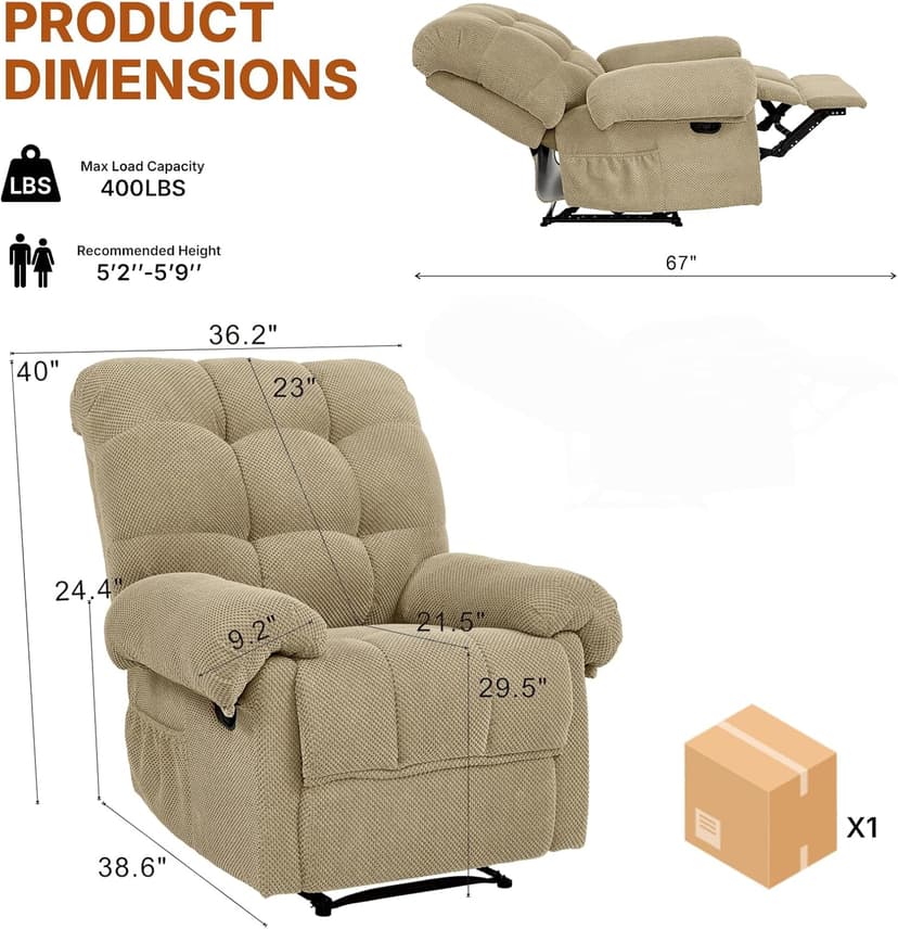 Comfy Recliner Chair for Elderly Seniors Adults, Overstuffed Manual Recliner, Ergonomic Back Pain Relief w/Pockets, Reading Apt Bedroom Living Room, Birthday Gift, Camel