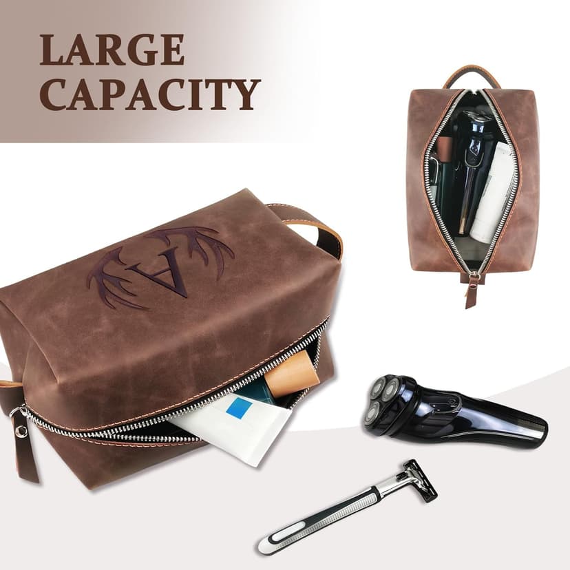 Unique Mens Toiletry Travel Bag Monogrammed Initial PU Leather Waterproof Shaving Bag for Toiletries Accessories Personalized Retirement Anniversary Thank You Gifts for Men Husband Him (R)