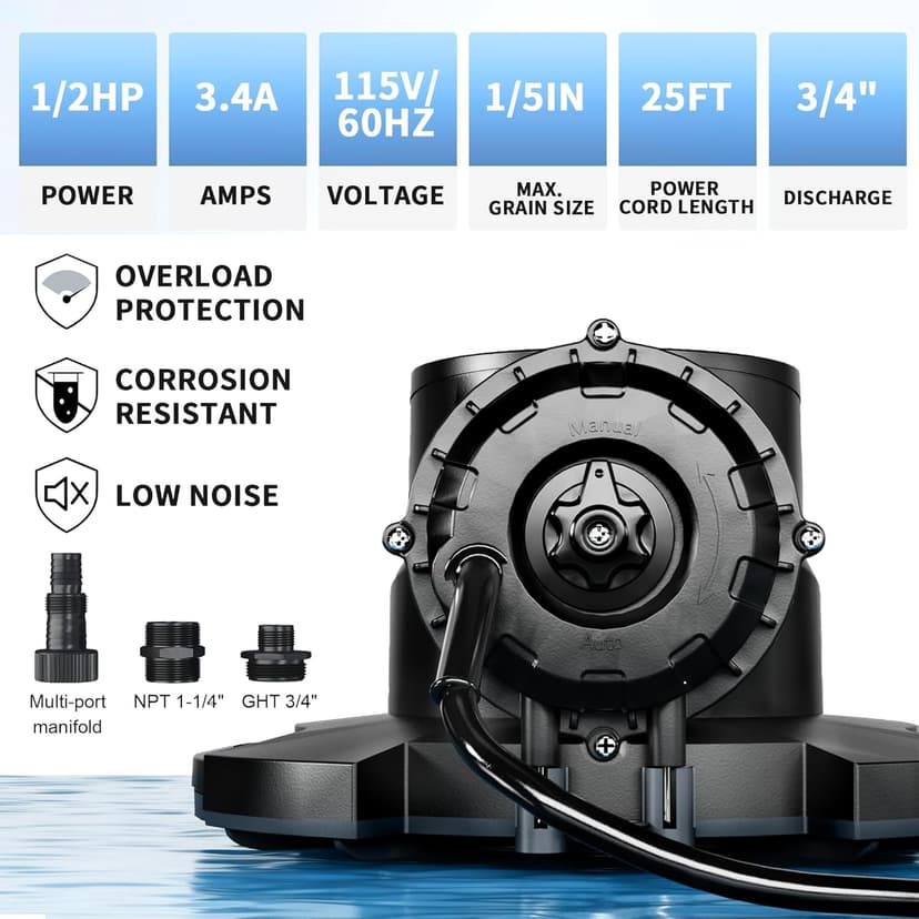 LANCHEZ 1/2HP Automatic Pool Cover Pump, 2250GPH Submersible Water Sump Pump with Check Valve & 3 Adapters, 25ft Power Cord, Removal for Swimming Pool, Hot Tubs, Rooftops and more,Black