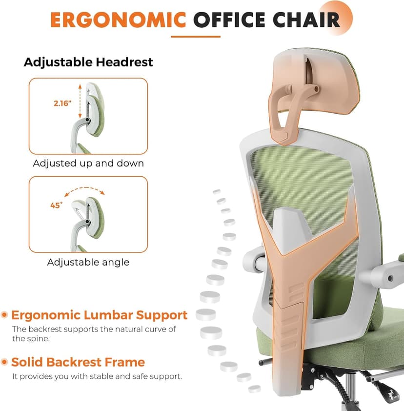 Sweetcrispy Office Computer Desk Chair, Ergonomic High-Back Mesh Rolling Work Swivel Chairs with Wheels, Comfortable Lumbar Support, Comfy Arms for Home, Bedroom, Study, Student, Green