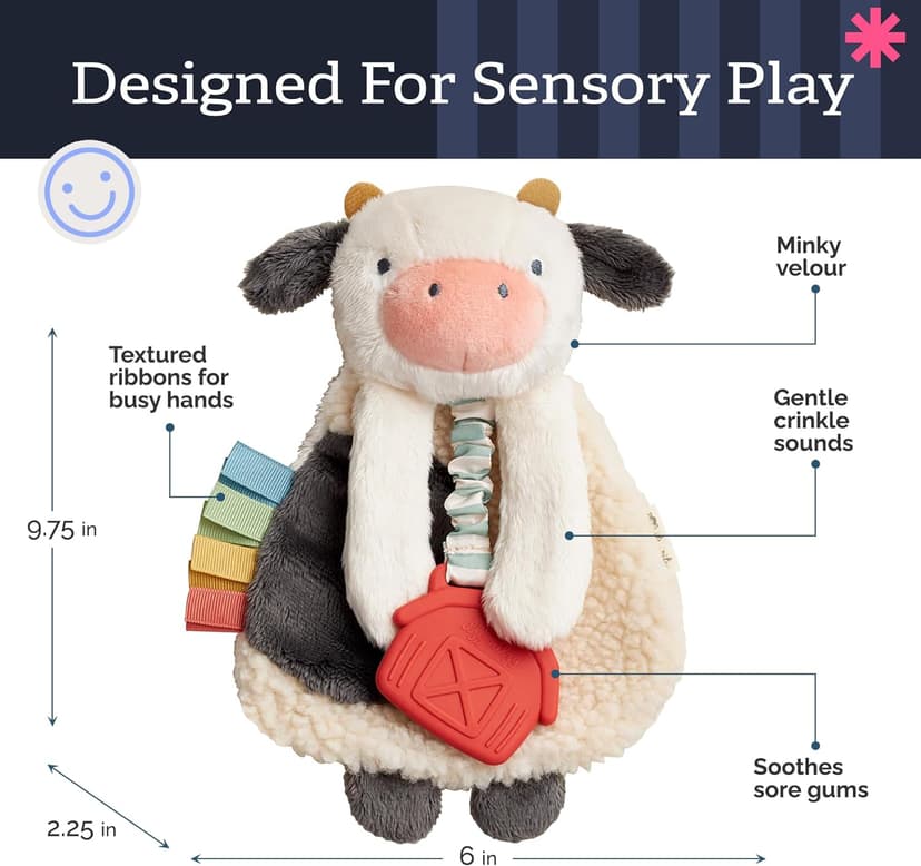 Baby Lovey With Soft Sherpa, Plush Minky, Silicone Teether, Crinkle Sounds, Textured Ribbons, and Interactive Dangle Arms Itzy Ritzy Lovey Including Teether, Teething Relief, 0 Months & Up (Cow) B0CQRVXT68
