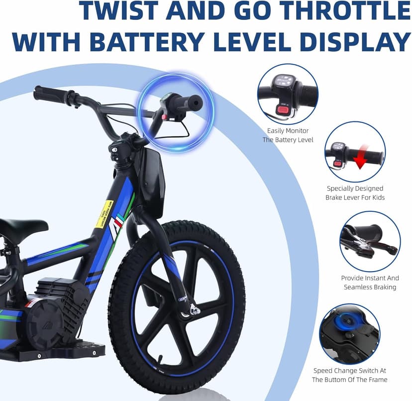 AIII Lightweight Electric Dirt Bike for Kids, 170/340W Electric Motorcycle Up to 10/12MPH, 24V Detachable Battery, Hand-Operated Dual Brakes Electric Balance Bike for Ages 3-6/5-12