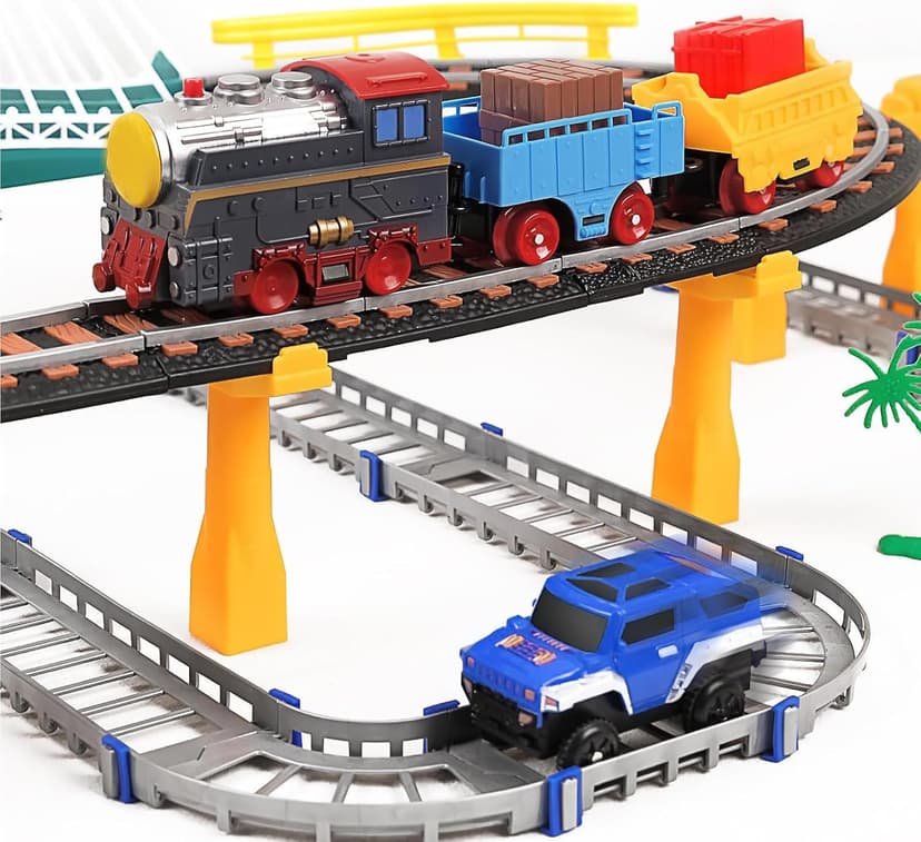 Electric Train Set for Kids Ages 4-8 with Train Tracks Set & Car Tracks Lights Up Bridge Road Sign Realistic Sound Train Track Accessories Playset Boy Toys Birthday 4 5 6 7 8+ Year Old
