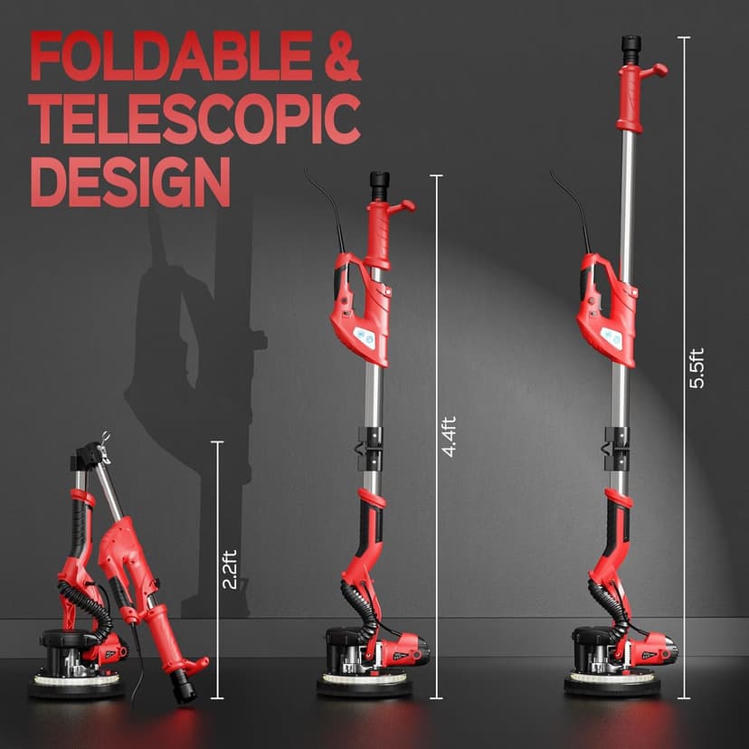 Drywall Sander, 2025 Upgraded 8-Amp Popcorn Ceiling Removal Tool with 7 Variable Speed 800-1800RPM, Drywall Sander with Vacuum Dust Collector with Extendable Handle, LED Light, 12pcs Sanding Discs,Red