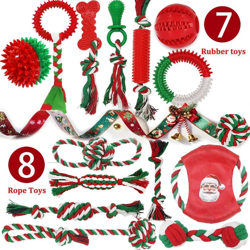 Christmas Dog Toys 15 Pack, Puppy Rubber & Rope Toys Set, Interactive Tough Box for Dog Playing, Training & Teething Bulk for Holiday Puppies' Presents B0DGL4TT9Z
