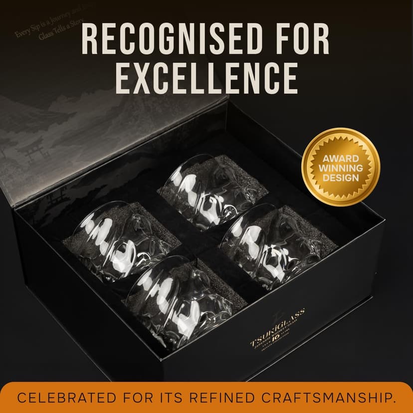 TSUKIGLASS® Storm Premium Japanese Crystal Whisky Glasses Set of 4 - Gift Ready Box, 100% Ultra Clarity Lead-Free Crystal, 10oz Tumblers for Bourbon, Scotch & Cocktails, Luxury Gift for Men