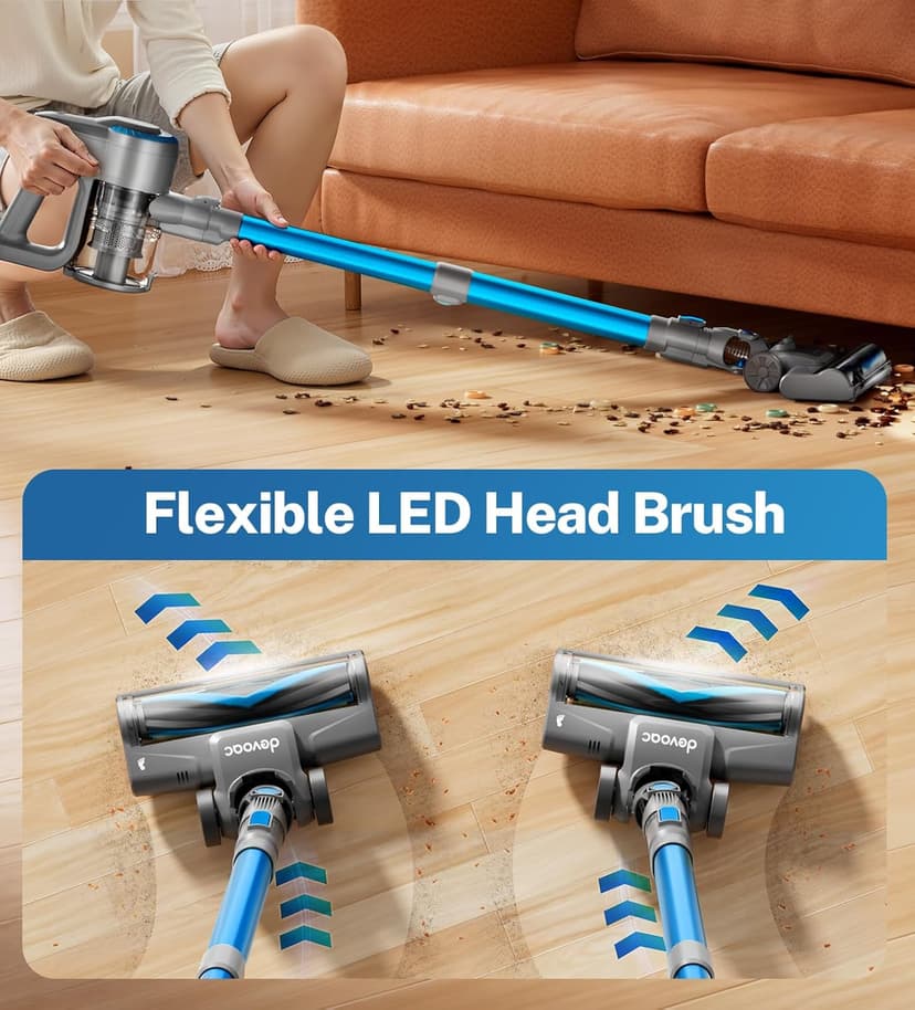 DEVOAC N300 Cordless Vacuum Cleaner, 6 in 1 Lightweight Stick Vacuum, 2200mAh Battery Up to 40mins Runtime, Powerful Handheld Vacuum for Hard Floor Rug Pet Hair Home Dorm (Blue)
