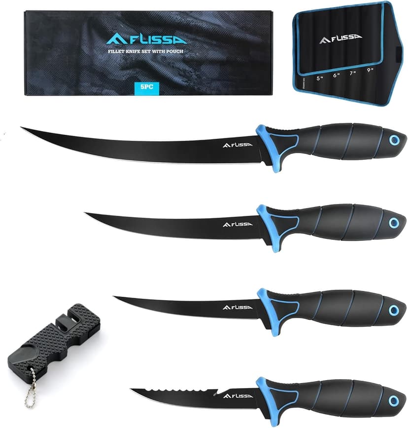 FLISSA Fillet Knife Set, Boning Knife & Bait Knives with Sharpener, Protective Sheath, Belt Clip, Non-Slip Handle, Portable Pouch & Corrosion Resistant Coating Blade, for Fresh or Saltwater (4-Piece)