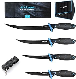 FLISSA Fillet Knife Set, Boning Knife & Bait Knives with Sharpener, Protective Sheath, Belt Clip, Non-Slip Handle, Portable Pouch & Corrosion Resistant Coating Blade, for Fresh or Saltwater (4-Piece)