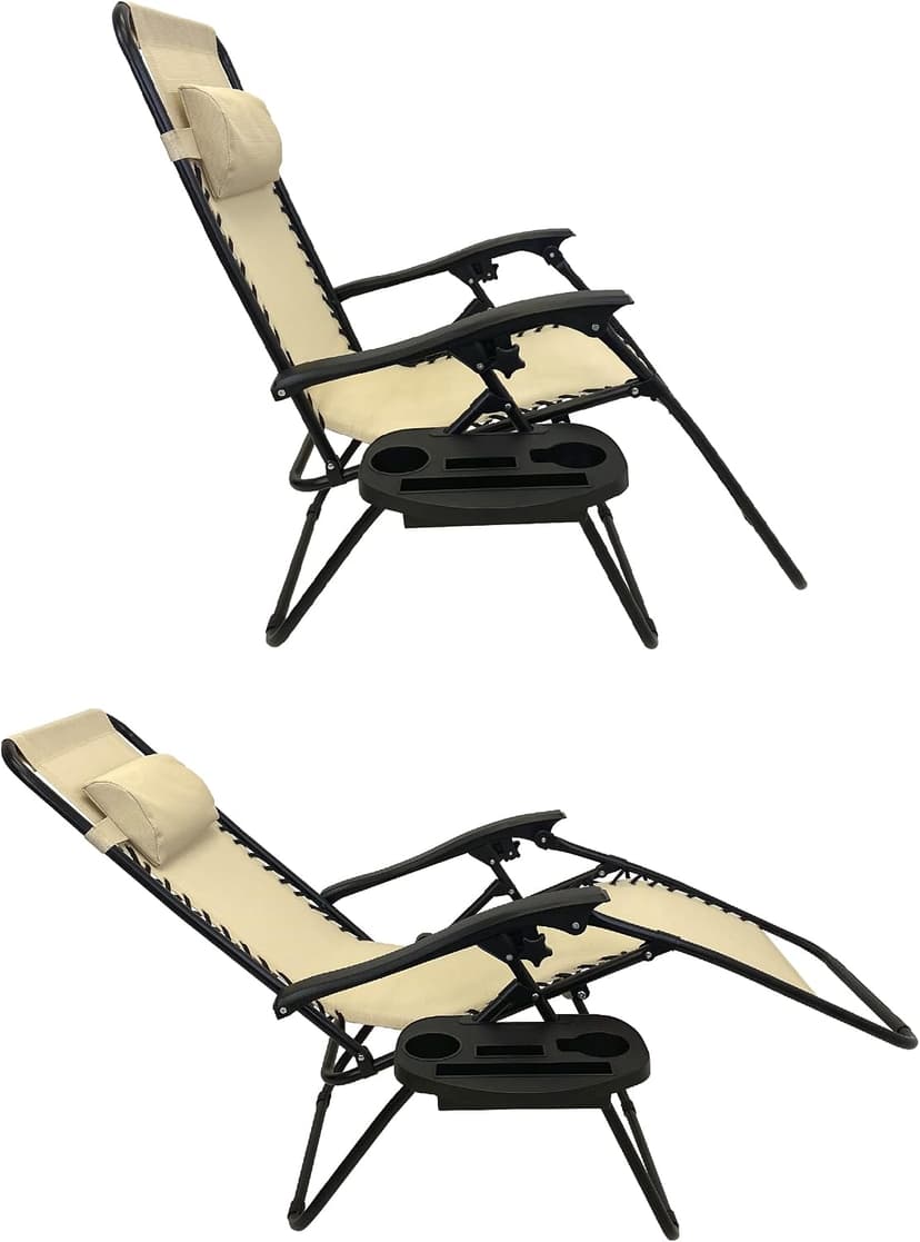 EasyGo Product Zero Gravity Lawn Lounge Pillow and Cup Holder Furniture Outdoor Adjustable Dining Reclining Folding Chairs for Deck Patio Beach Yard, 2 Pack TAN