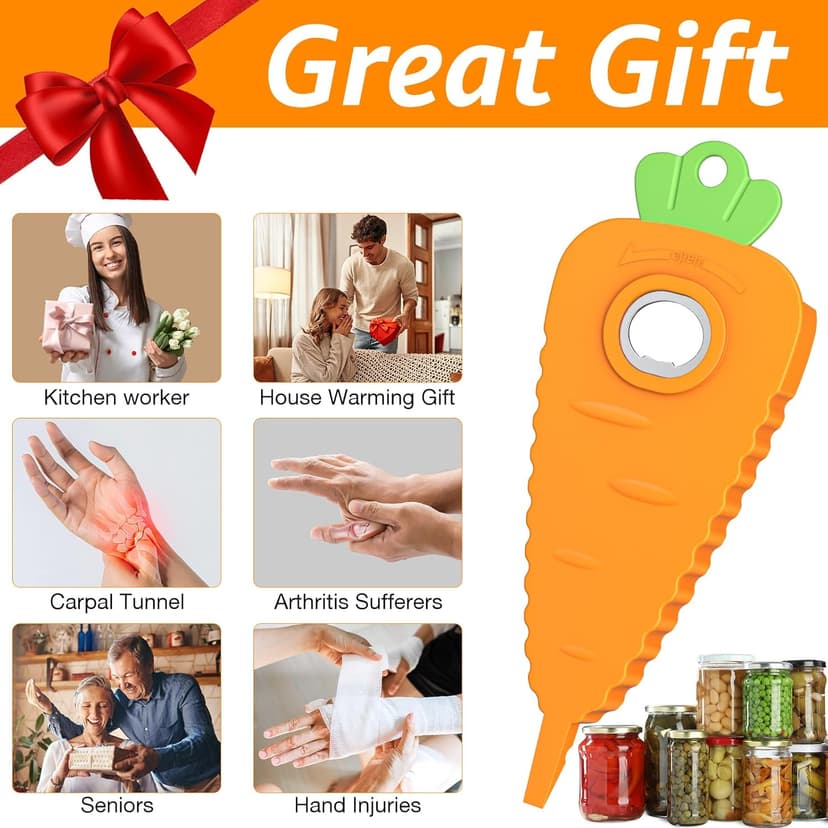 Jar Opener Bottle Opener for Weak Hands, Seniors with Arthritis and Anyone with Low Strength, Get Lids Off Easily, Carrot Shaped with Magnets for Decorate Fridge, Best Gift for Kitchen Gadgets