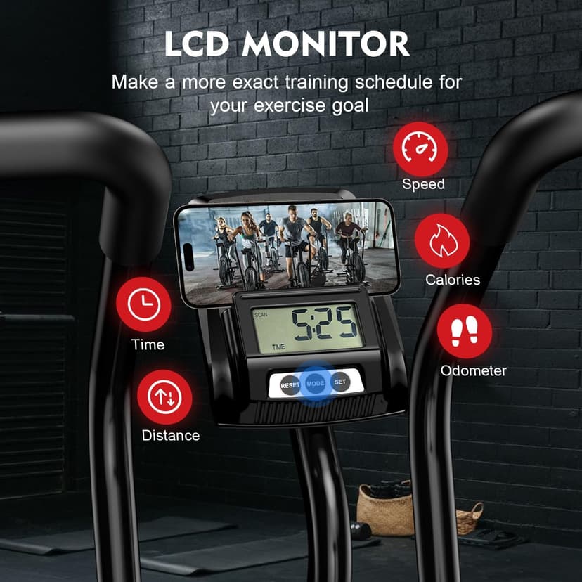 pooboo Exercise Bike, Stationary Bike for Home Gym, Air Resistance Bluetooth Fan Bike w/Dual Acction Handlebars & Dual-Layer Transmission System, Upright AirBike Indoor Cycling Bike for Cardio Workout