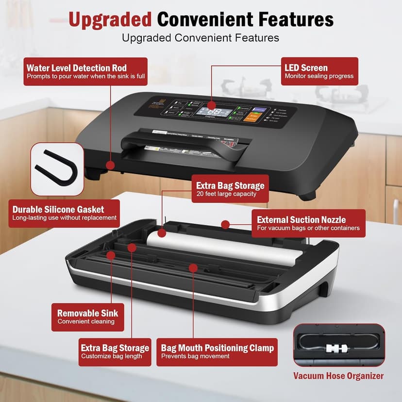 95kpa Vacuum Sealer Machine, Updated 2025 Commercial Fully Automatic Food Sealer, 10-in-1Functions & Powerful Sealing System with Double Heat Seal, Easy-Lock Handle, Built-inCutter and Bag Storage