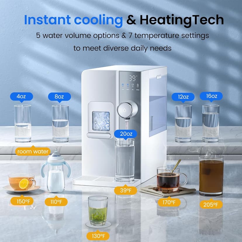 3-in-1 Countertop Water Bar with Ice Maker, Hot & Cold Water Dispenser, 7-Stage Filter, 7 Temp Settings, 5 Volume Options, No Installation, Portable Water Station for Kitchen, Office, RV