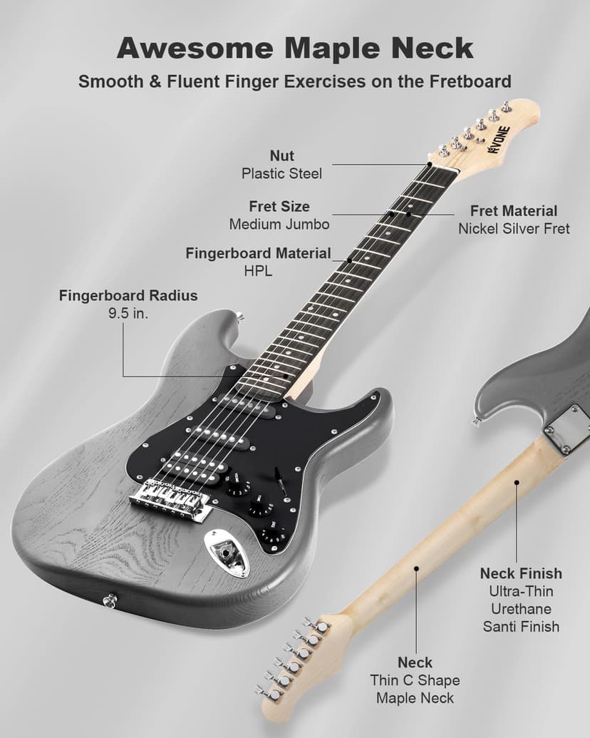 RVONE RST-150 39" Beginner Electric Guitar Kit with Amp & HSS Pickups | Complete Starter Set for Newcomers w/Essentials | Gig Bag, Extra Strings, Digital Tuner, Capo, Strap | Home Practice (Black)