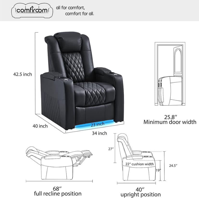 comfiroom Leather Home Theater Seating, Classic Series Game Seats Movie Theater Chairs Recliner Sofa with Type-C USB Charger Port, Bedroom Sofa Chair for Living Room (Black, Row of 1)