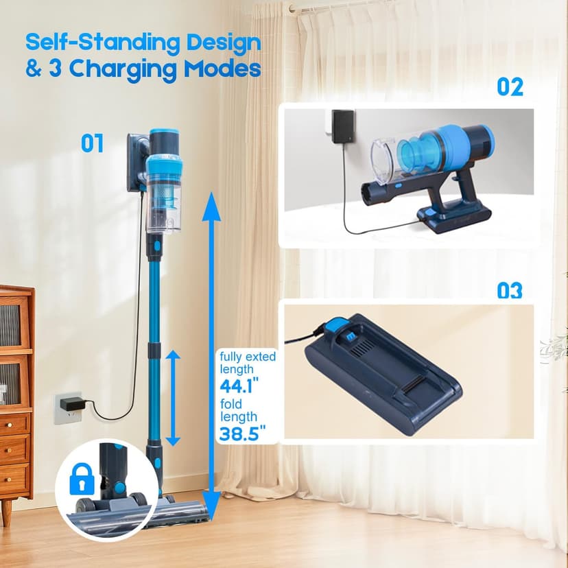 Cordless Vacuum Cleaner, 45kPa 60Min Vacuum Cleaners For Home, Powerful Stick Vacuum Rechargeable With Green Light, Anti tangle Wall Mount, 8 in 1 Lightweight Vacuum For Hardwood Floor Pet Hair Carpet