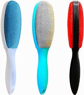 ezclean 3 Pack, 3 Colors, Lint Brush for Clothes, Furniture, Double Sided Pet Hair Remover Brush, Reusable Cleaner for Dog Cat Hair, Couch, Magic Velvet Lint Brush, Red and White and Blue