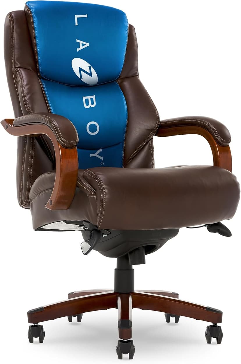 La-Z-Boy Delano Big and Tall Executive Office Chair - Ergonomic Lumbar Support Memory Foam - Bonded Leather Desk Chair for Home Office - Mahogany Wood Arms - Chestnut Brown