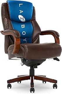 La-Z-Boy Delano Big and Tall Executive Office Chair - Ergonomic Lumbar Support Memory Foam - Bonded Leather Desk Chair for Home Office - Mahogany Wood Arms - Chestnut Brown