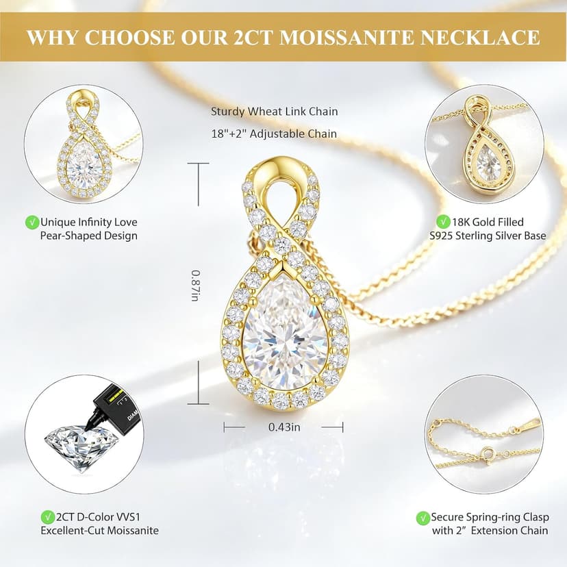 D-VVS1|18K Gold Plated S925 Sterling Silver Women's Jewelry Gift for Women Christmas Mothers Valentines Day, w/LED Gift Box 2CT Moissanite Necklaces for Women Anniversary Birthday Gift for Wife Her B0H94B9M51